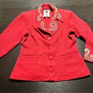 Vintage Red Embroidered Collar Blazer